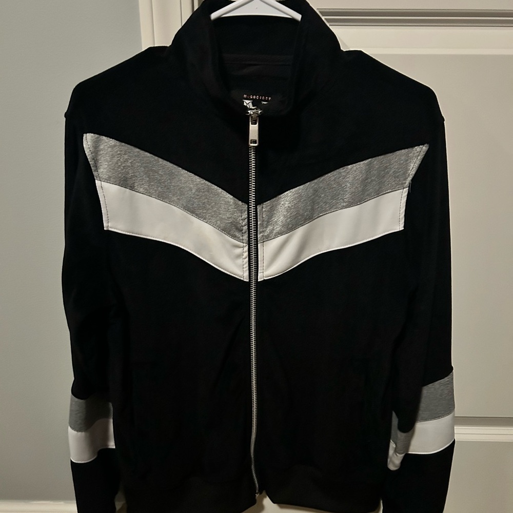 Fashion Nova Black and Gray Zip Up Sweater with Chevron Design